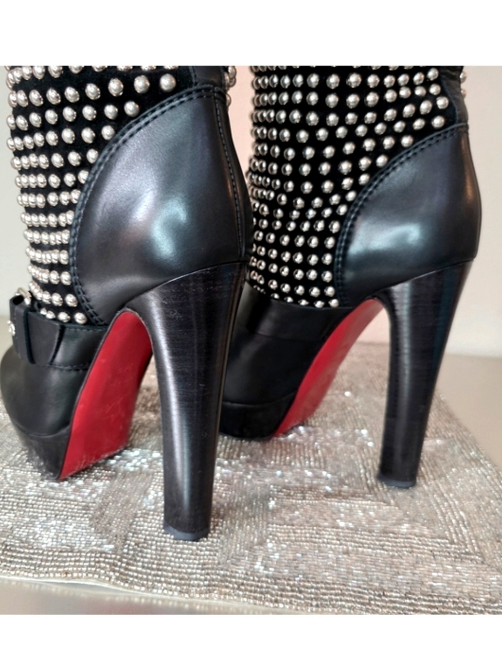 Christian Louboutin Black Leather Silver Studded Platform Platform Boots EU 38.5 - Picture 9 of 15